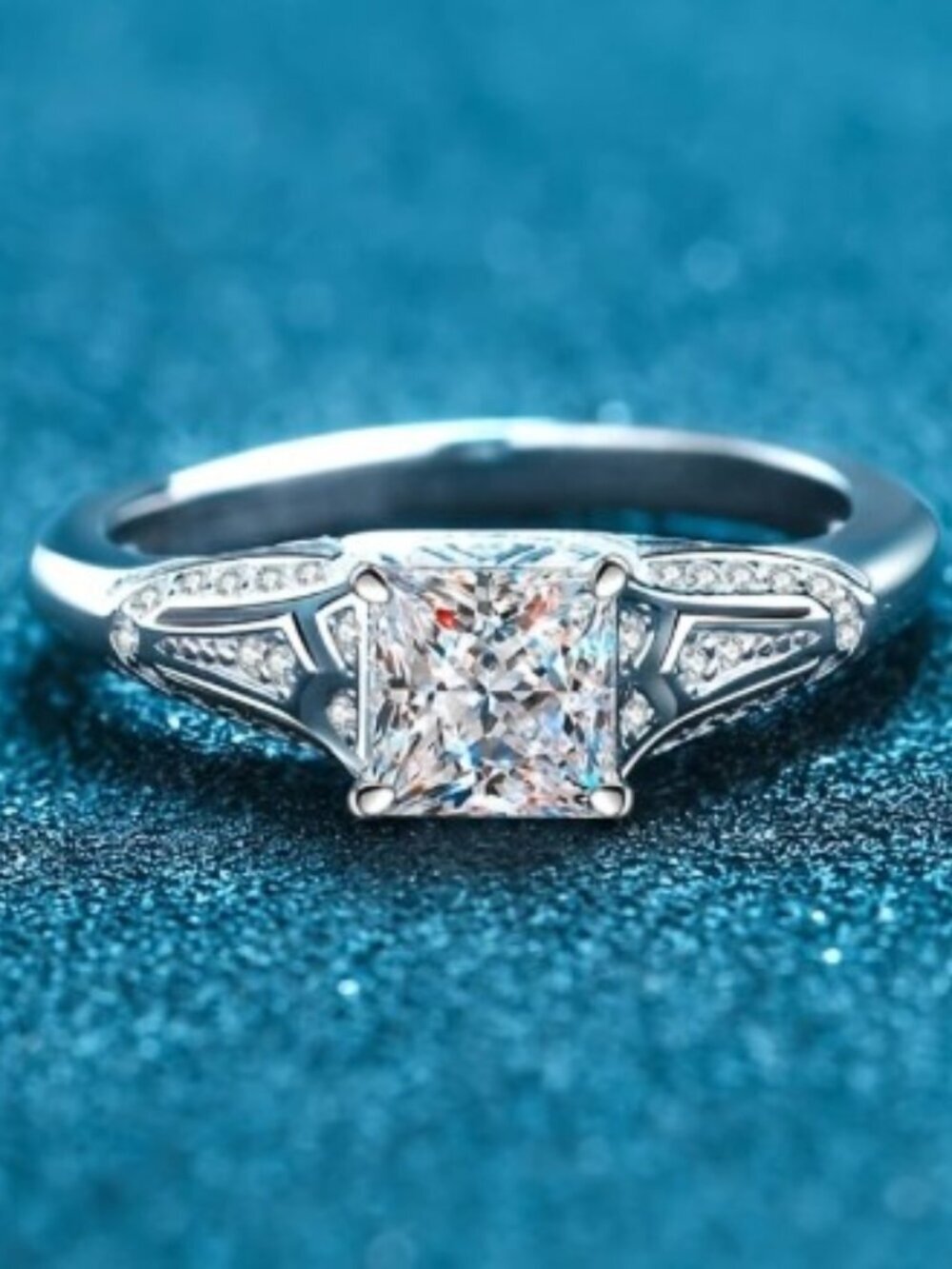 1 Ct Princess Cut Moissanite Ring 925 Sterling Silver Pavé Accent Cathedral Set